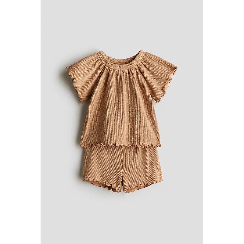 

HM Children s Clothing Infant Suit (Girl) 2-Piece 2025 Summer New Arrival Rib round-Neck Raglan Short Sleeve Shorts 1293825 Beige 003 110/56