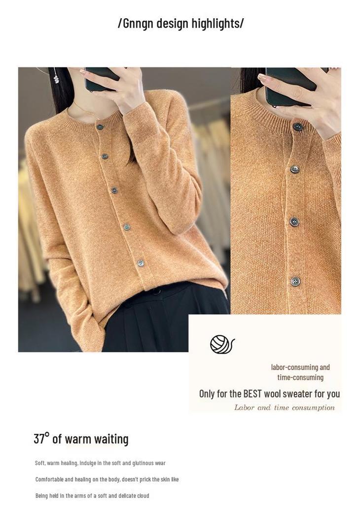 Women's Osmanthus Stitch Wool Cardigan - Round Neck, Loose Fit, Button-Up, Casual Knitwear Outerwear