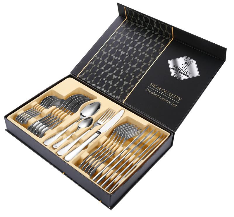 24pcs Gold Dinnerware Set Stainless Steel Steak Knife Fork Coffee Spoon Teaspoon Flatware Dishwasher Safe Kitchen Tablewar