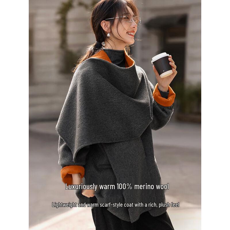 

XWI Women s 100% Merino Wool Scarf Collar Double-Faced Coat L
