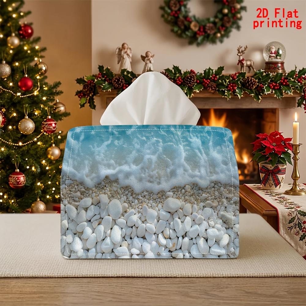 1pc Modern Minimalist Tissue Box with White Stone Beach Pattern - Reusable Suitable for for, Office, Car Tissue Holder, Beach-Themed Napkin Dispenser