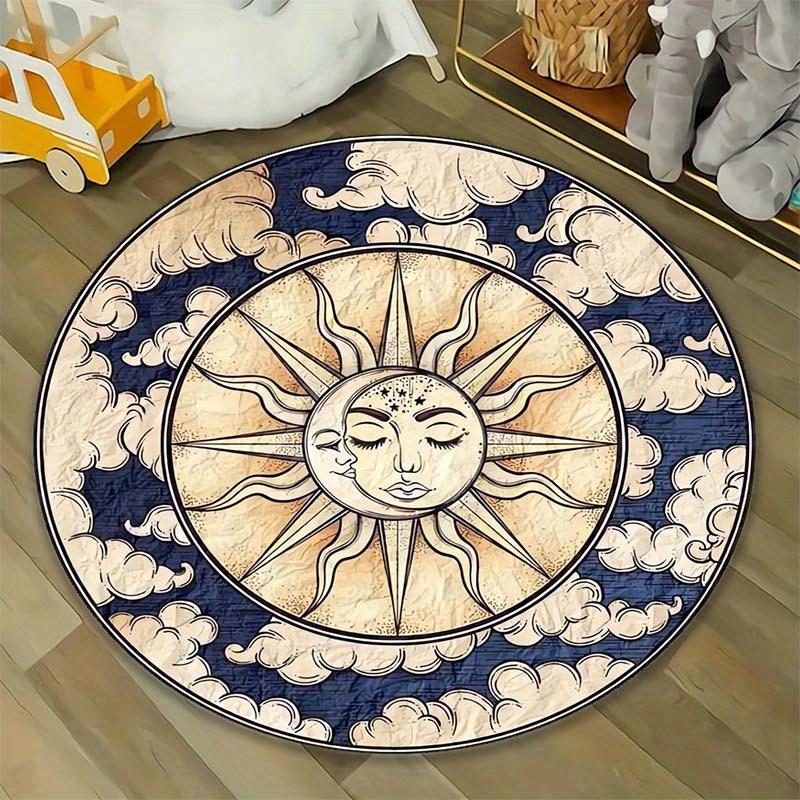 Dywan kryształowy aksamitny Druk płaski 2D, nie 3D Wycieraczka z nadrukiem Słońca i Księżyca Okrągła mata - Antypoślizgowa wycieraczka z kryształowego aksamitu, Artystyczny wzór