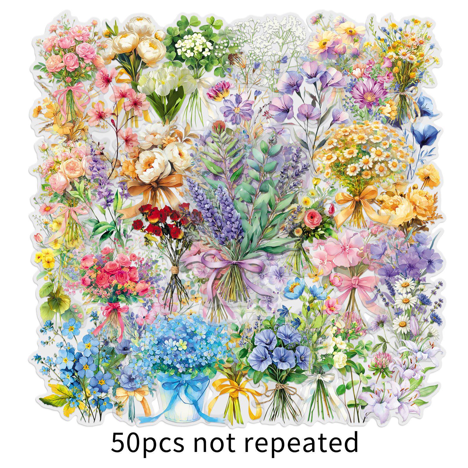 Набор из 50 прозрачных милых наклеек с растениями и цветами с коробкой для хранения и термокружкой - Водонепроницаемые декоративные наклейки
