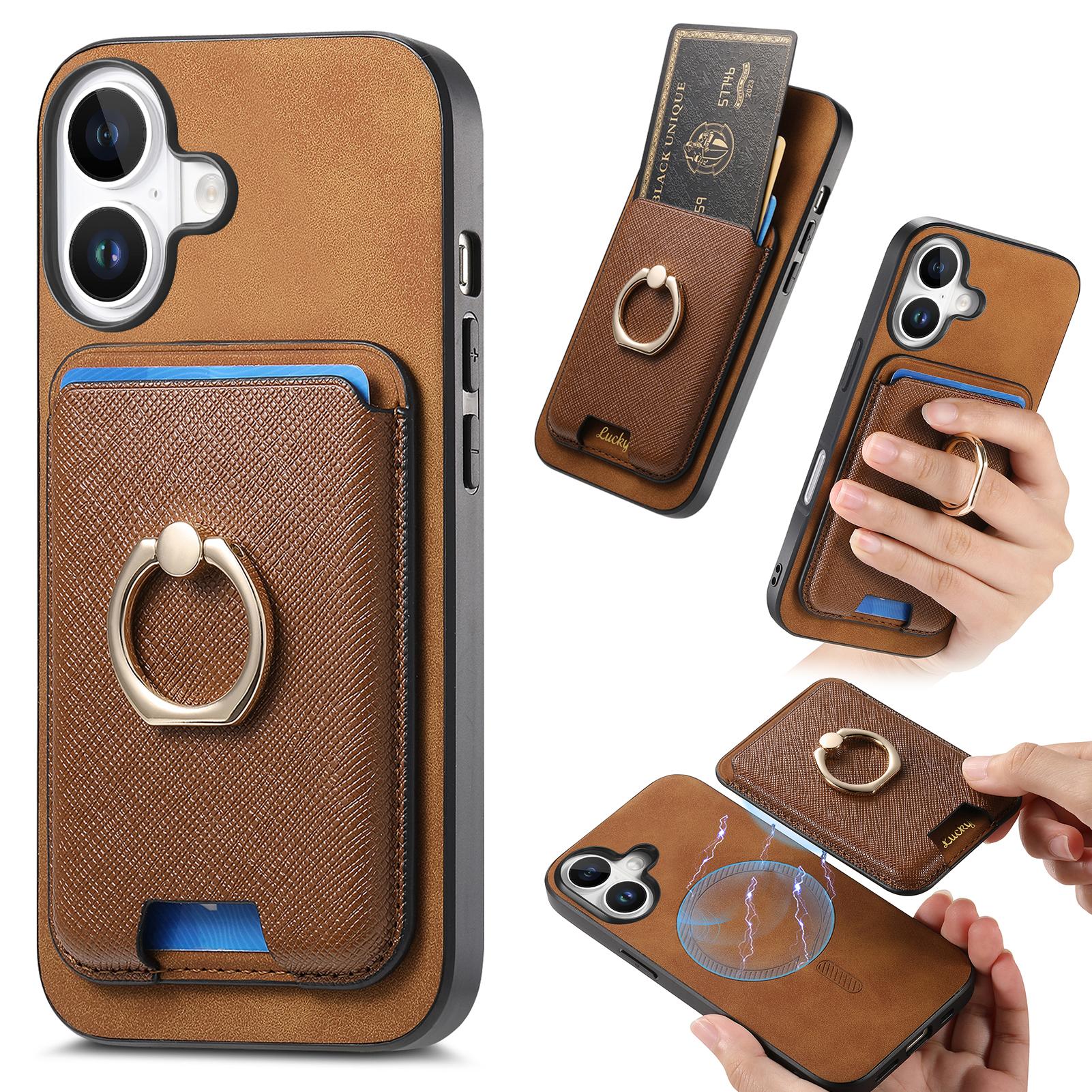 

For iPhone 16 Magnetic Case Leather+TPU Phone Cover Detachable Card Bag Brown