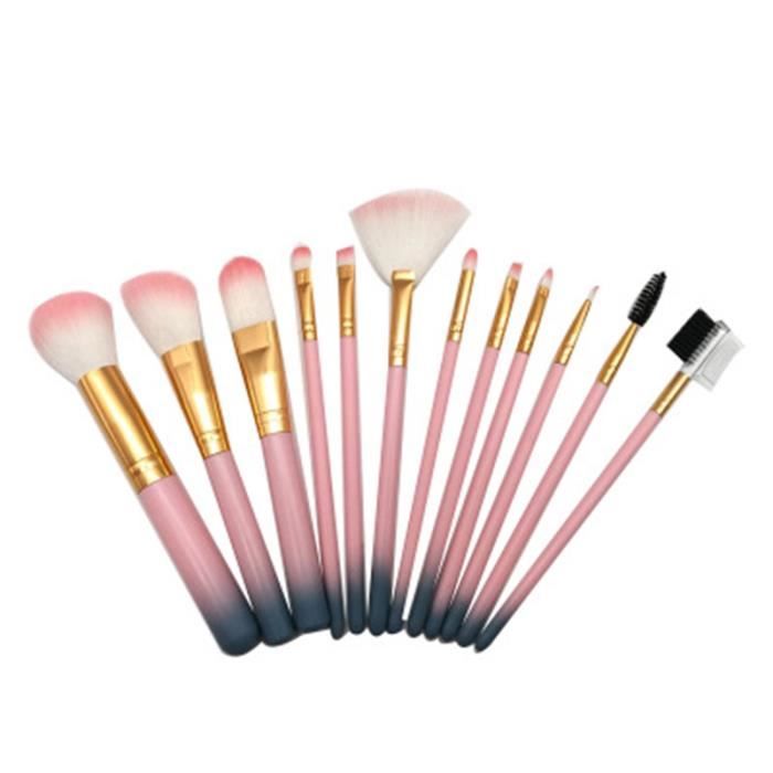 Kit de Pinceaux de Maquillage - Beauté - 12 pièces - Rose Dégradé - Poignée en Plastique - Cheveux en Nylon