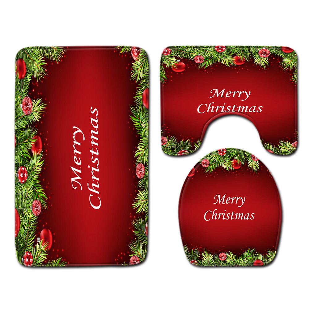 Christmas Bathroom Non-Slip Door Mat, Shower Curtain Floor Mat Combination Four-Piece Toilet Absorbent Carpet