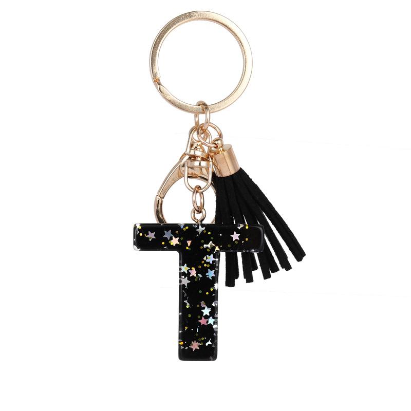 Resin Letter T Keychain with Star Pattern and Tassel Charm Durable Metal Ring for Keys Bag Accessories Gift