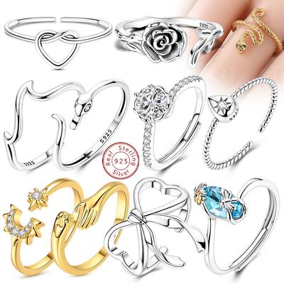 Anneaux Originaux en Cuivre Pour Femmes Noeud d'Amour Couronne Étoile Rose Lune Serpent Anneau Réglable Bague de Fiancailles Mariage Bijoux Cadeau