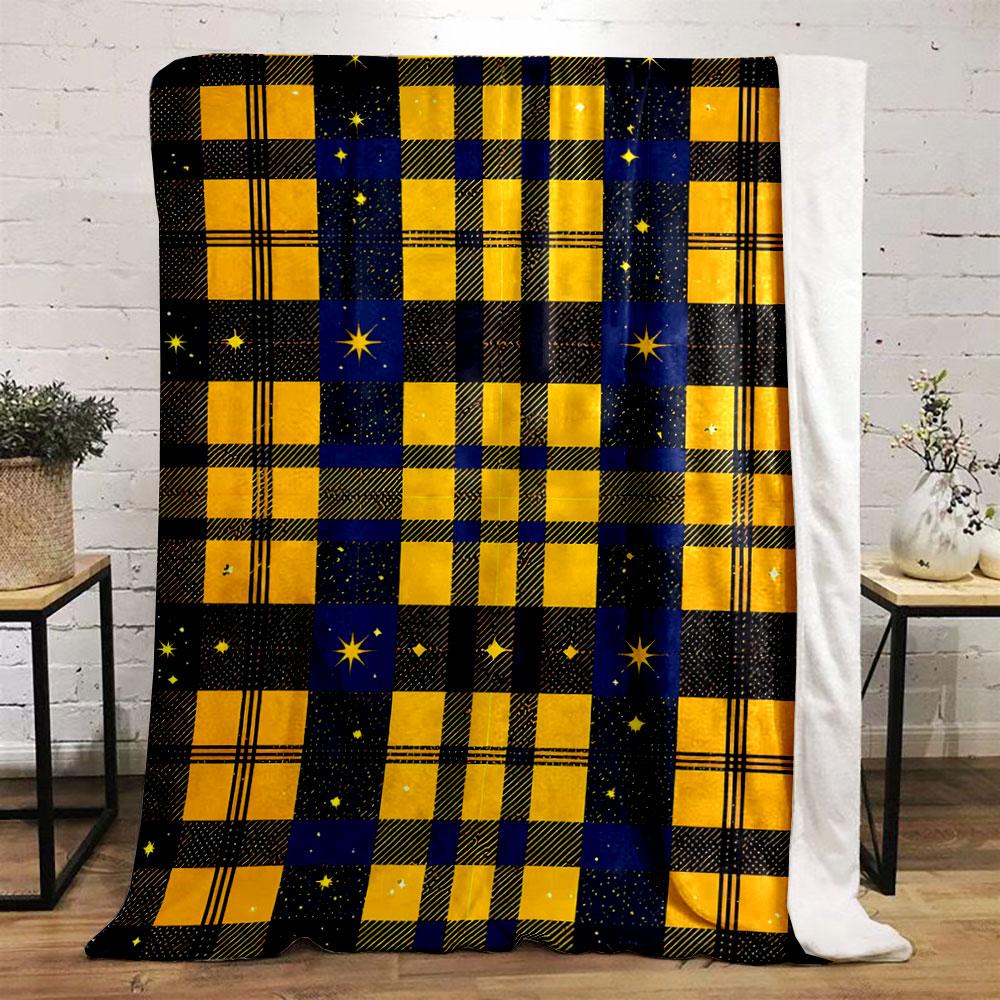 Plaid Pattern In Yellow and Blue, Combined with Starry Night Motifs. for All Seasons Blanket Lunch Break Throw Gift