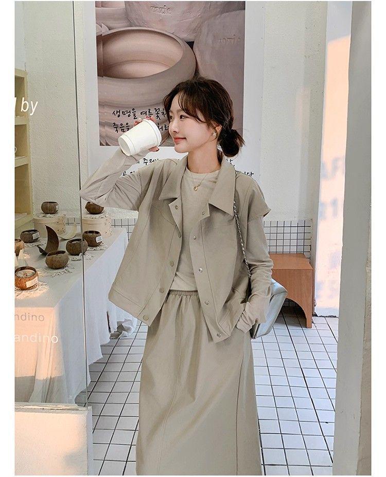 Korean Casual Workwear Vest & Skirt Set - Women's Spring/Autumn 2025 Three-Piece Outfit with Round Neck Long Sleeve Top.