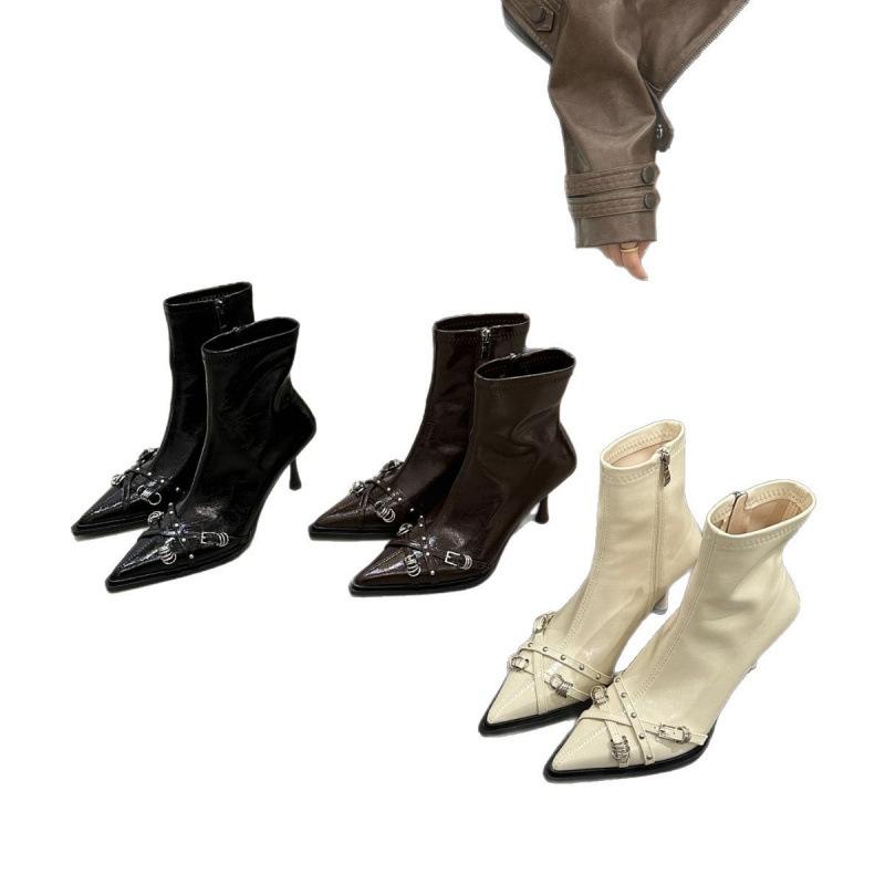 2025 autumn and winter new black pointed thin heel short boots women's French temperament high heel thin boots single boots