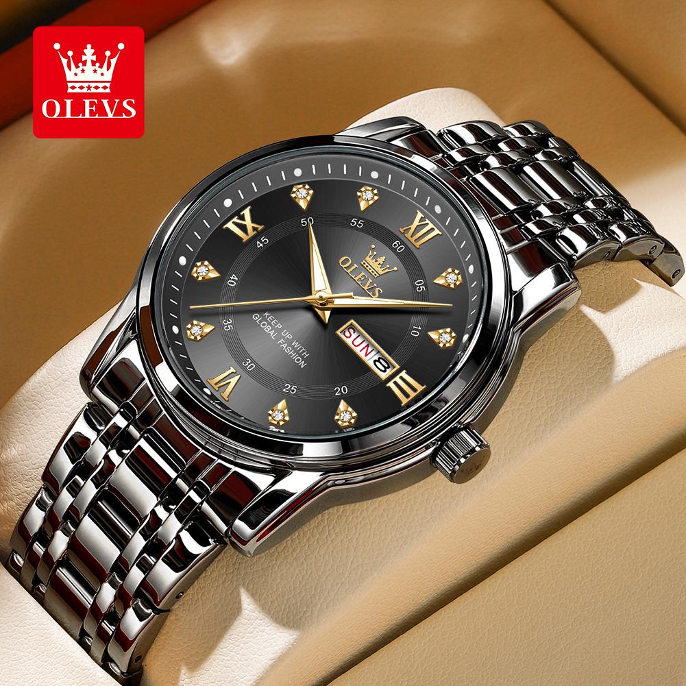 OLEVS 5513 Men's Quartz Watches Stainless Steel Strap Diamond Scale Dual Calendar Waterproof Luminous Men's Business Wristwatch