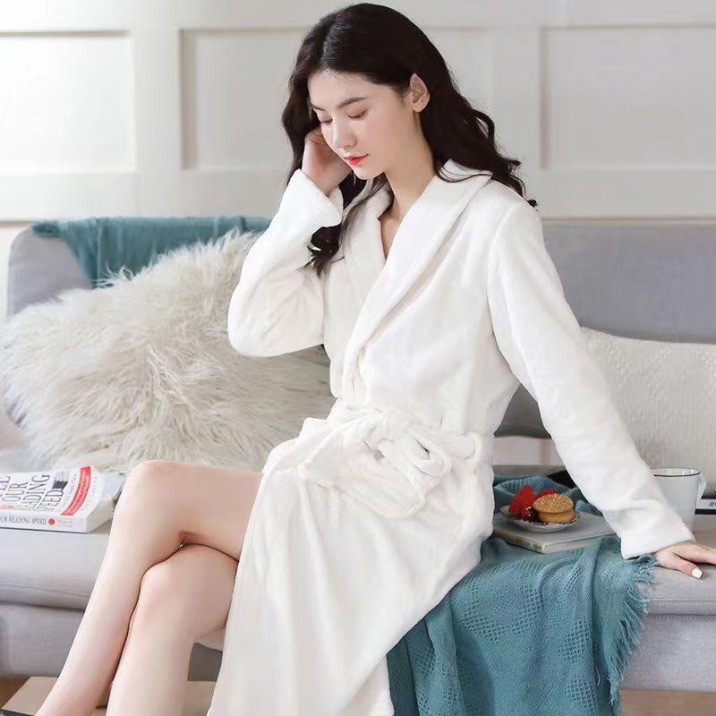 Men's Mid-Length Plush Coral Fleece Flannel Bathrobe for Autumn/Winter