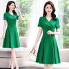 Women's V Neck Short Sleeve Midi Dress Summer Elegant Ruched Waist A Line Flared Skirt Formal Casual Slim Fit Solid Color Dress