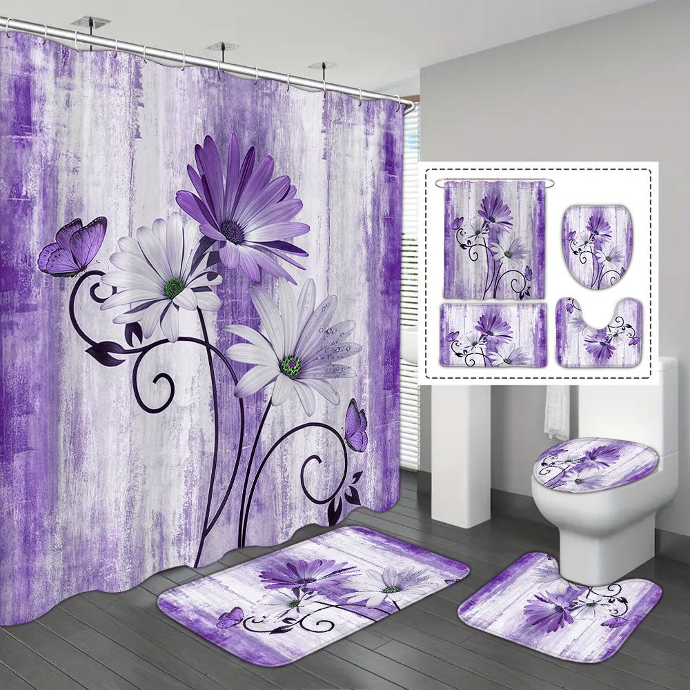 4-piece Set of Blue White Jade Orchid Waterproof Printed Shower Curtains with 12 Hooks, Bathroom Floor Mats