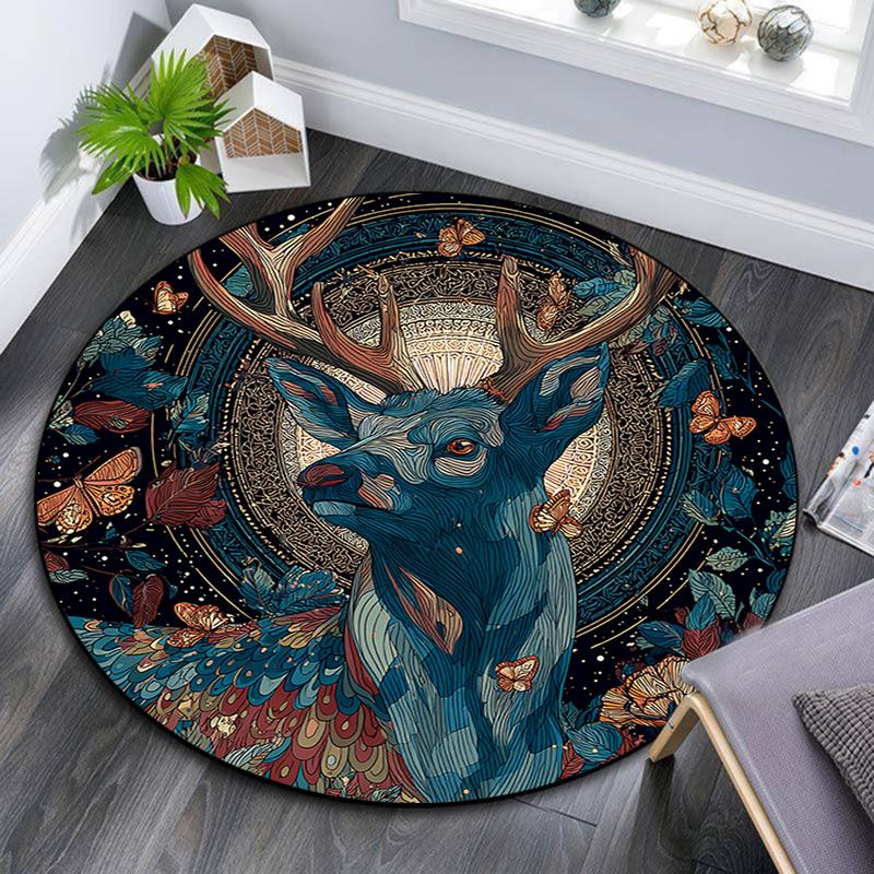 Deer Round Area Rug,Carpet Rug for Living Room Bedroom Sofa Playroom Decor,Non-slip Floor Mat