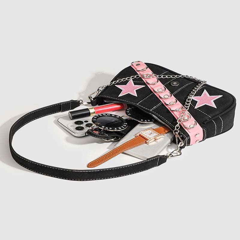 Vintage Koreanisch Lässig Niedlich Silber Y2k Stern Schultertasche Unterarm Tragetasche Damen Umhängetaschen PU Leder Damen Geldbörsen Handtaschen Neu