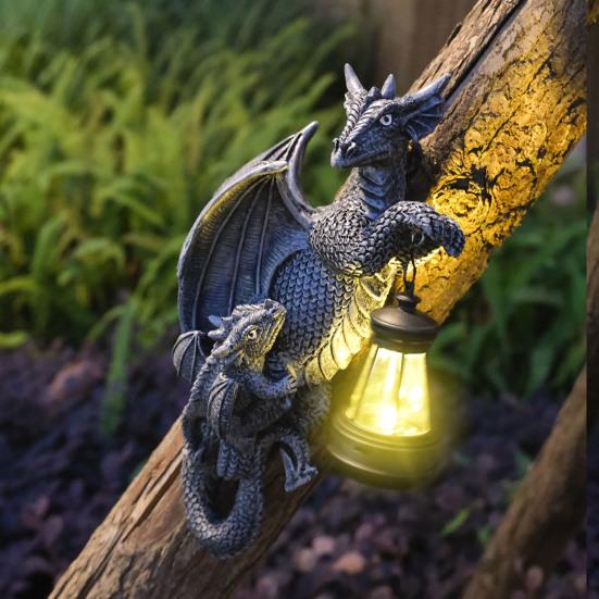 Solar-Powered Dragon Statue Outdoor Garden Ornament with LED Glow Weather-Resistant Resin Fantasy Decor for Patio Wall Fence Lighting