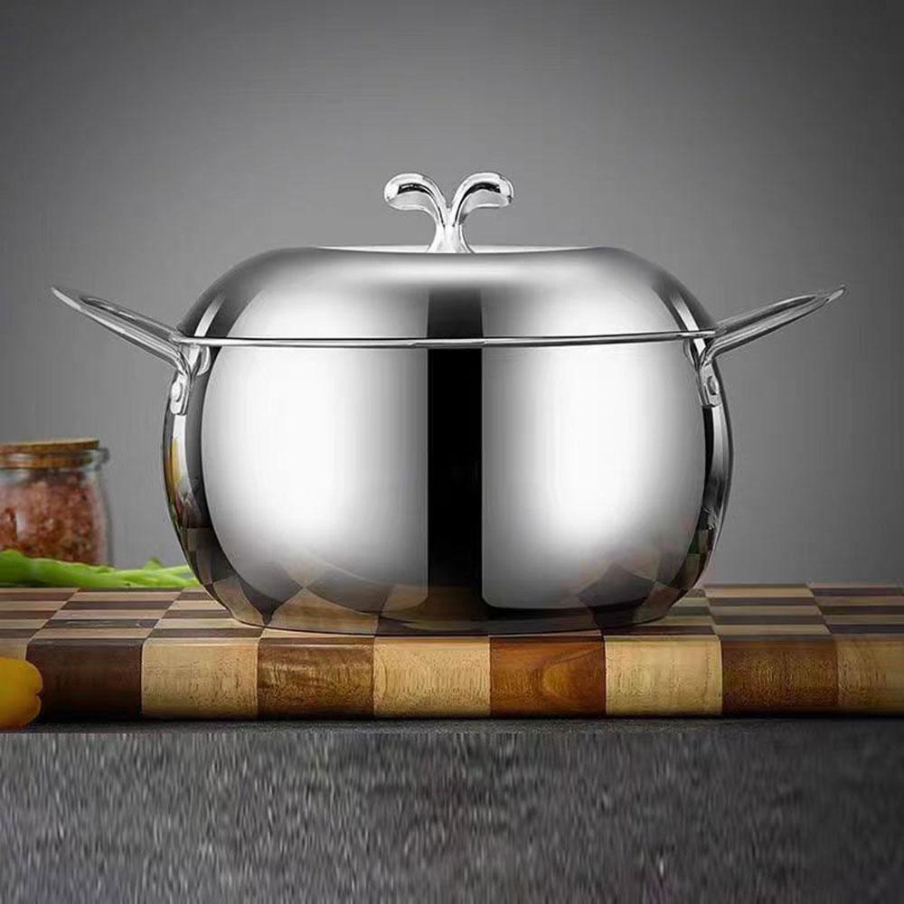 1pc Stainless Steel Saucepan with Lid, Uncoated Multipurpose Soup Pot, Double Handle Apple Shape, Compatible with Electric Stove