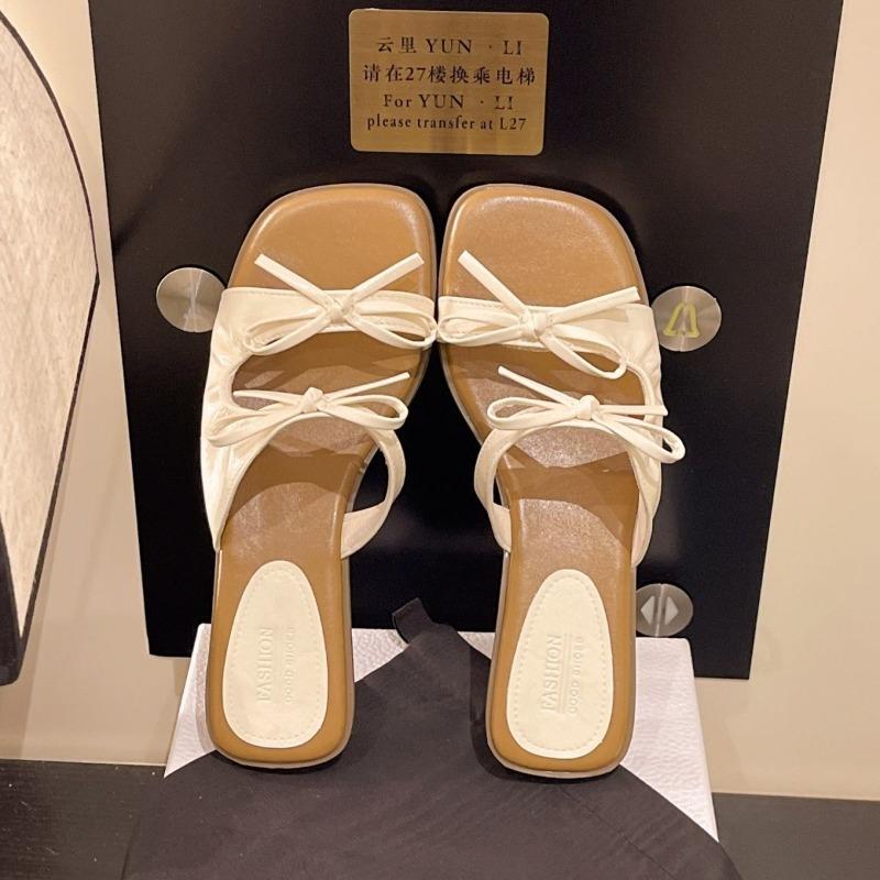 Bow Slippers Women's Summer Wear Fashion Square Head Flat Bottom with Skirt Beautiful Beach Sandals