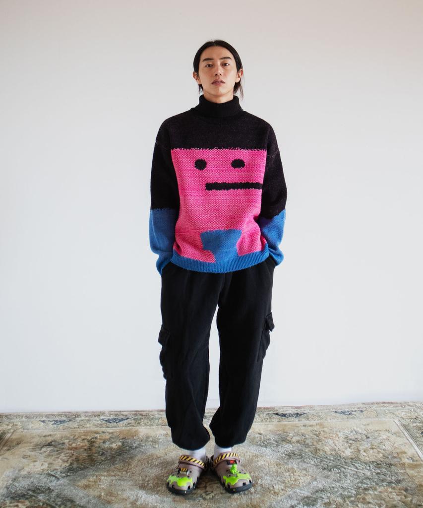 GROUNDWORK Square Man Turtleneck Knit Sweater / Black Pink Mix