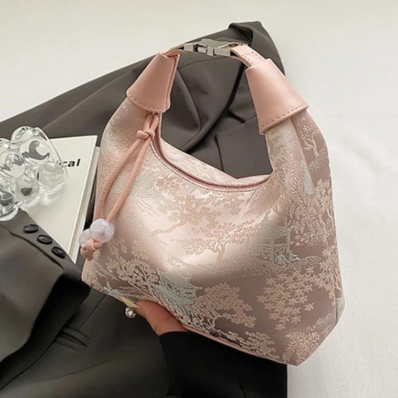 Портативная вышитая сумка через плечо в китайском стиле Модная универсальная сумка-ведро в стиле Ханьфу Текстура Жемчужный кулон Сумка Ципао Вечеринка