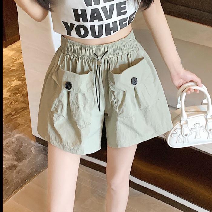 New High-waisted Slimming Lady's Casual Shorts for Summer Workwear, Wide-leg with Double Pockets and Drawstring.