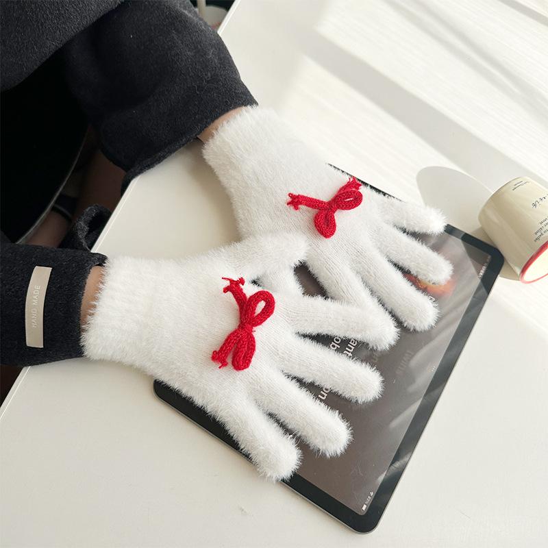 

Милые плюшевые вязаные перчатки с бантиком в корейском стиле, теплые и защищающие от холода, перчатки с пятью пальцами, перчатки для пальцев для езды на велосипеде one size