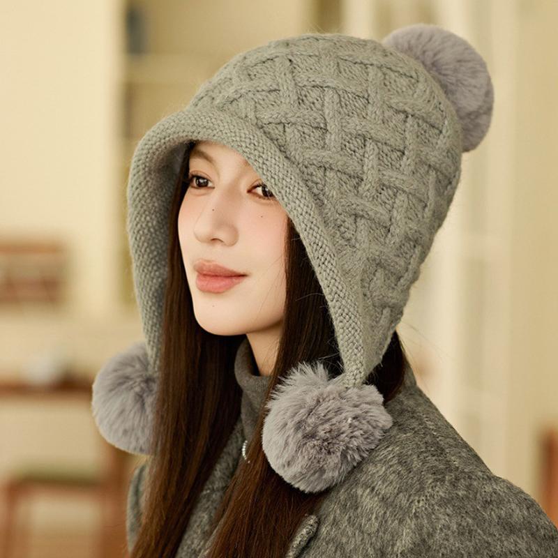 Winter Thick Velvet Knitted Hat Outdoor Warm Ear Protection Three Hair Ball Wool Hat