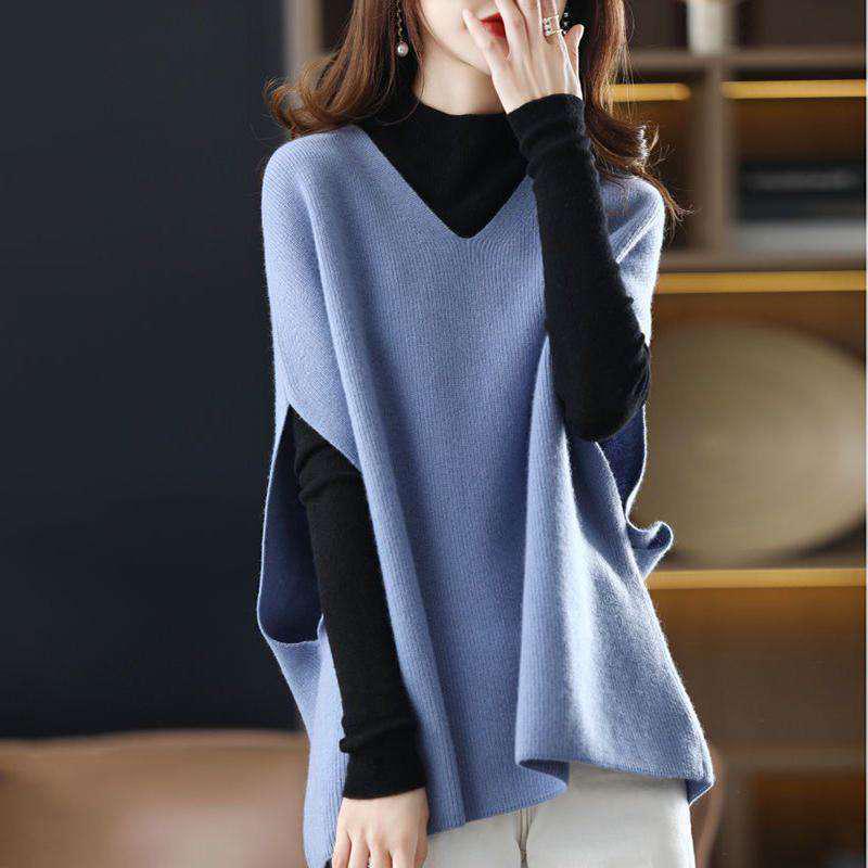 Dámská měkká pletená vesta se svetrovým střihem s výstřihem do V a netopýřími rukávy - Jednobarevná, volný střih, podzim/zima