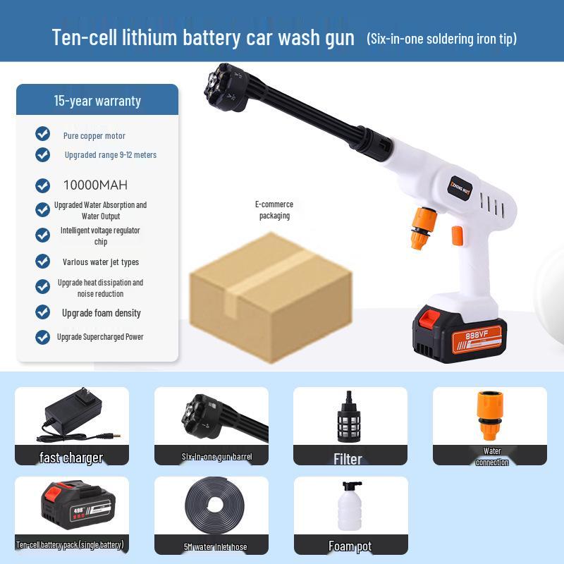 Portable Wireless Lithium Battery Car Washer: 10-Setting High-Pressure Water Gun with Six-in-One Head