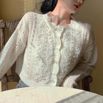 Knitted Cardigan Little Toffee Retro Pearl Petal Collar Hollow Beaded Sweater Sweety Outer Tops