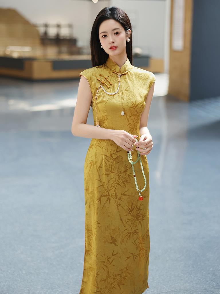 Yellow cheongsam 1011 new spring and summer new Chinese style improved women's white high-end temperament beautiful dress