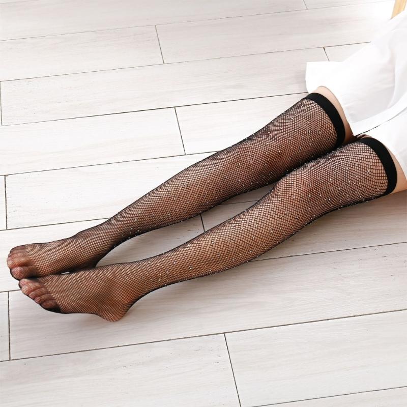 Overknee-Netzstrümpfe mit Strassverzierungen Ausgeschnittene Oberschenkelhohe Socken für Damen Clubwear Strumpfwaren