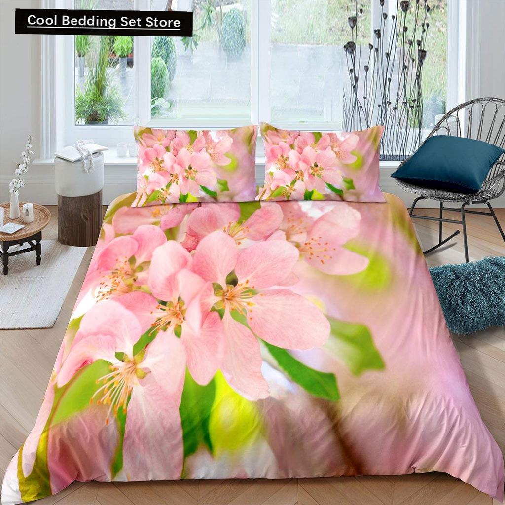 Rosa Kirschblüten King Queen Bettwäscheset Frühlingsflora Bettbezug Japanische Blumen Steppdeckenbezug Weicher Polyester Bettdeckenbezug