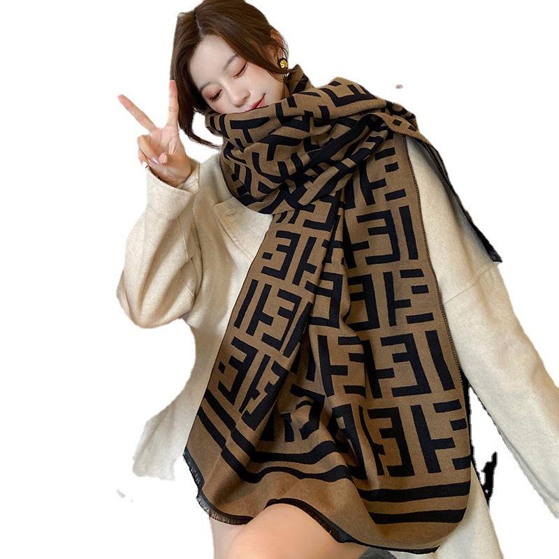 New Winter Imitation Cashmere Scarf F Letter Versatile Long Tassel Shawl Fashion Thickened Scarf