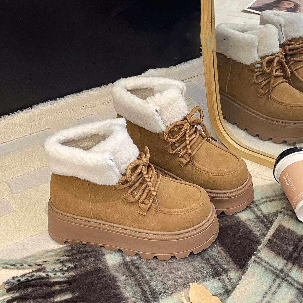 Height-increasing muffin sole versatile cotton shoes trendy leather 2025 winter new velvet thickened hair integrated thick-soled snow boots women
