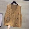 Autumn and Winter Women's V-neck Knitted Cardigan Vest Hollow Embroidered Vest Loose Retro Knitted Sleeveless Top