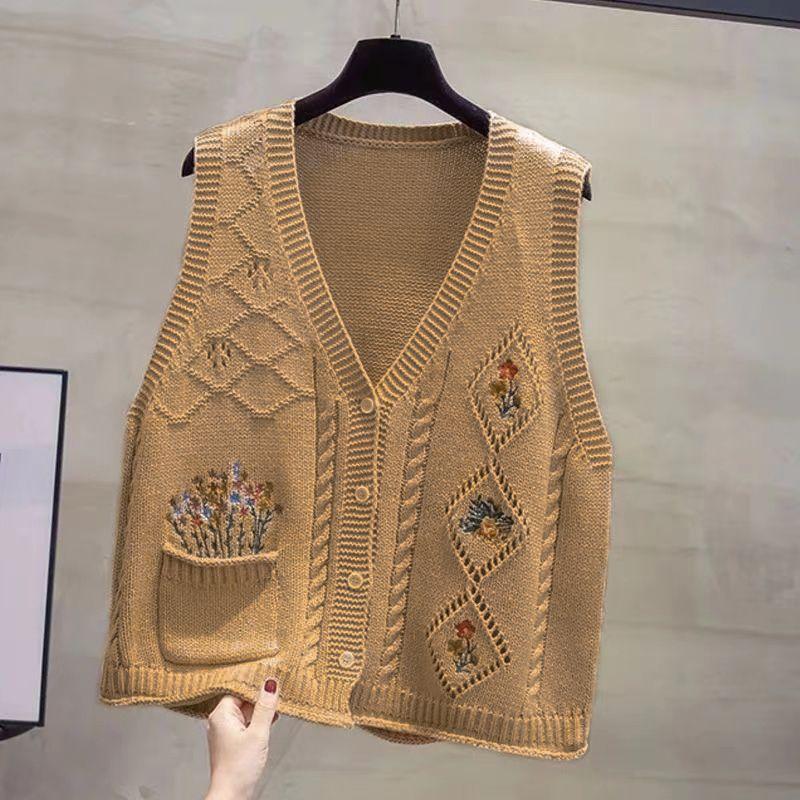 Autumn and Winter Women's V-neck Knitted Cardigan Vest Hollow Embroidered Vest Loose Retro Knitted Sleeveless Top