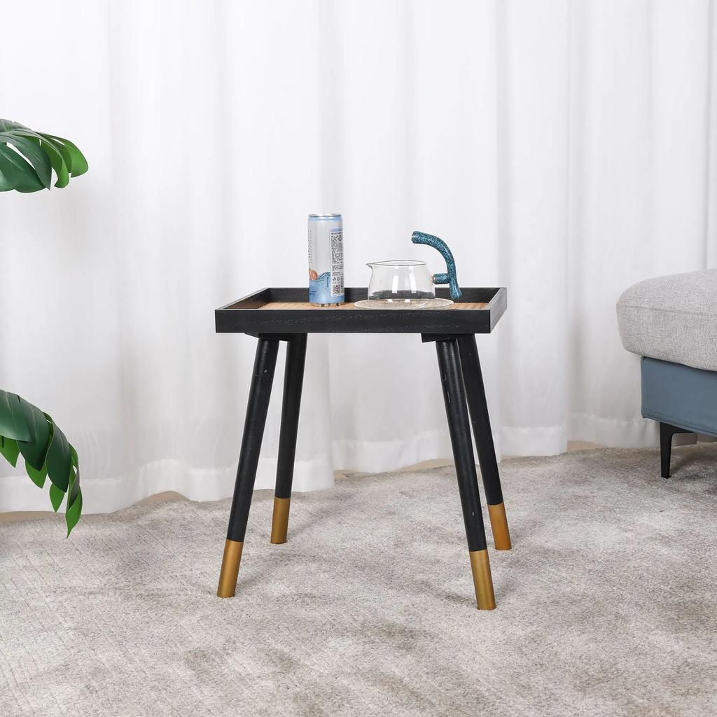 Rechteckiger Beistelltisch für kleine Räume, Beine aus Massivholz und Nachttisch aus Rattan, moderner Beistelltisch für Schlafzimmer, Büro, Wohnzimmer, der Tisch