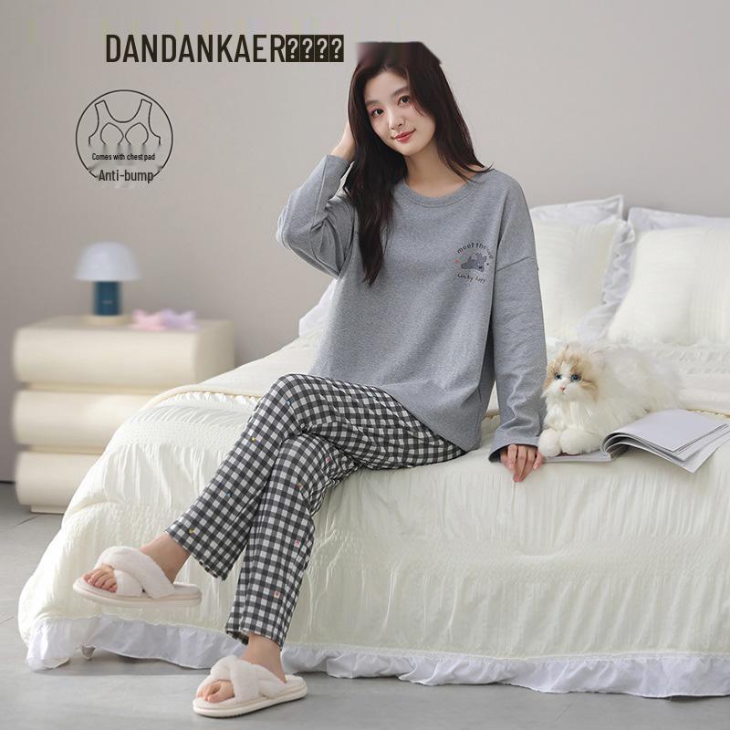 

Женская осенняя хлопковая пижама с нагрудником: Однотонный мультяшный комплект, милый, свободного кроя, домашняя одежда больших размеров M (155-160CM, 80-100 lbs)