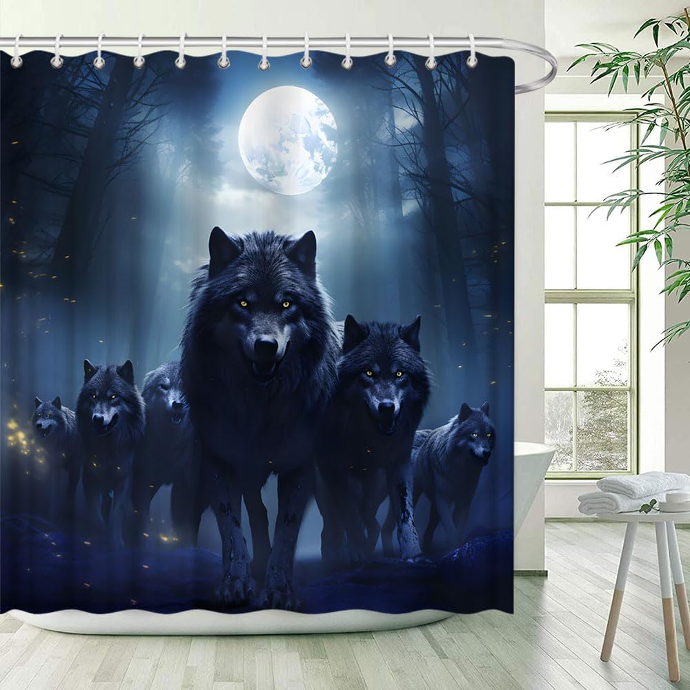 Wolf Shower Curtain Animals Under The Full Moon Howling Wildlife Wolves In The Misty Forest Night Sky Raptor Ferocious Polyester