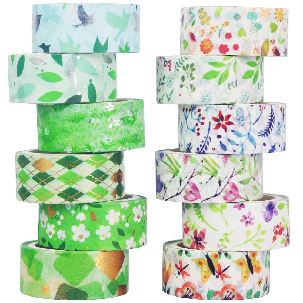 Yubbaex Natural Law Masking Gold Foil Cute 15mm Wide X 12 Rolls Leaves Flying X 12 Tape, Stamp, Design, (Willow Rolls)
