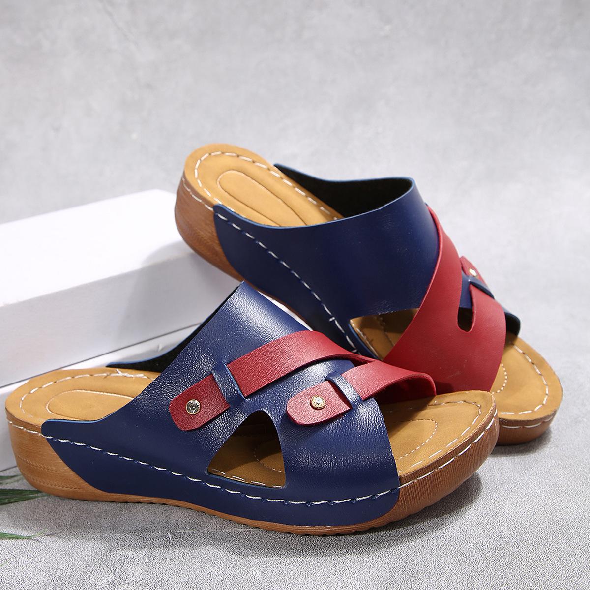 

Тапочки женские стильные новые тапочки на плоской подошве большого размера односложные с открытым носком классные тапочки на танкетке с толстой подошвой женские сандалии 43 тёмно-синий