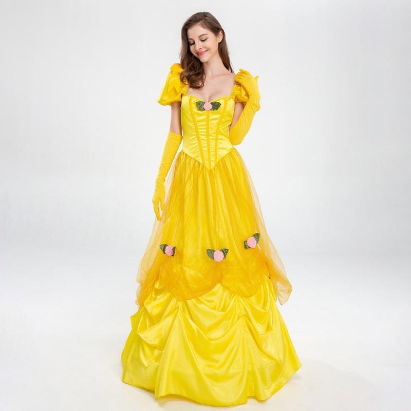 Elegant Yellow Princess Dress For Halloween Costume Featuring Belle Fairy Tale Design