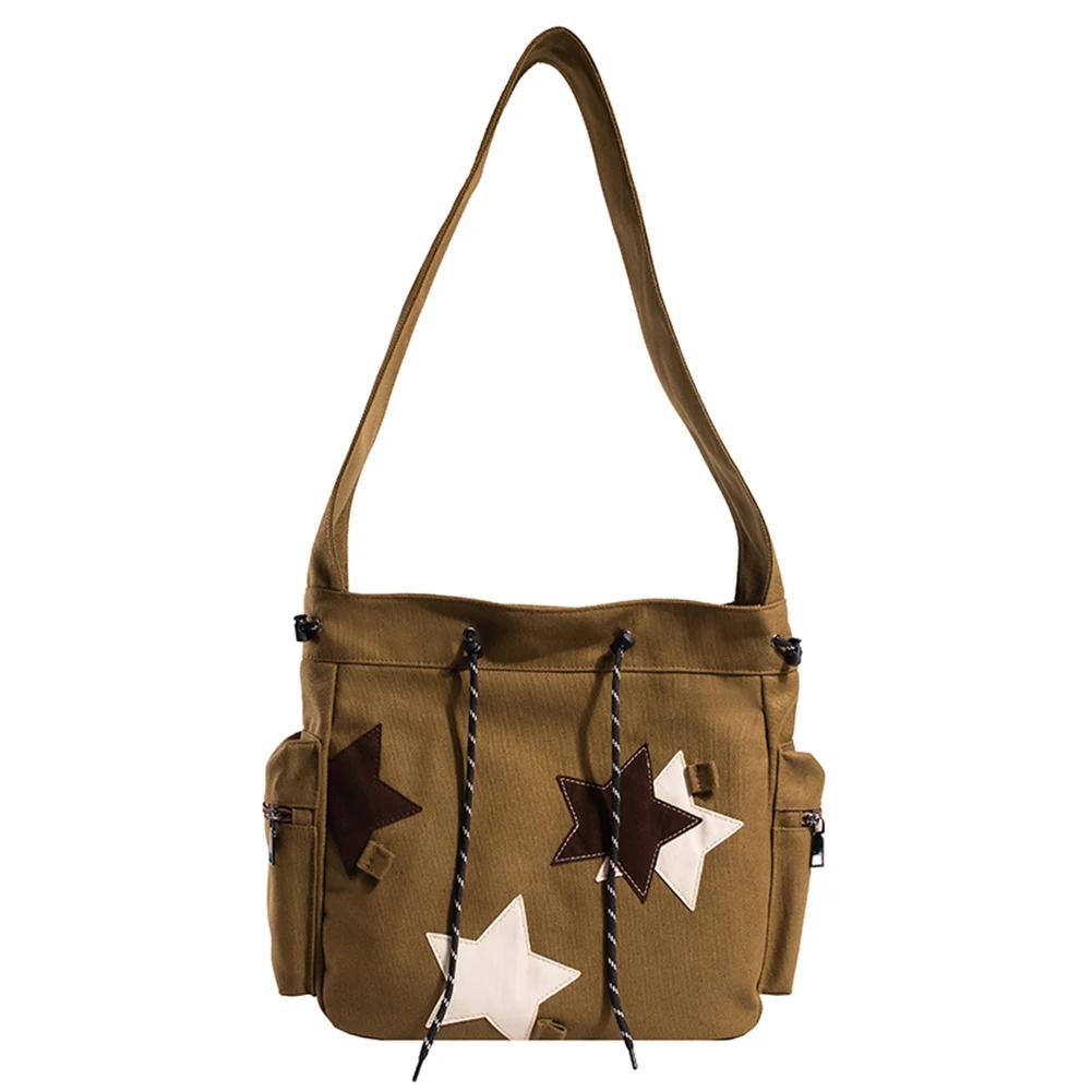 Damen Süße Umhängetasche Große Kapazität Canvas Schöne Umhängetasche Stern Applikation Y2K Street Style Schultasche für Teenager Schüler
