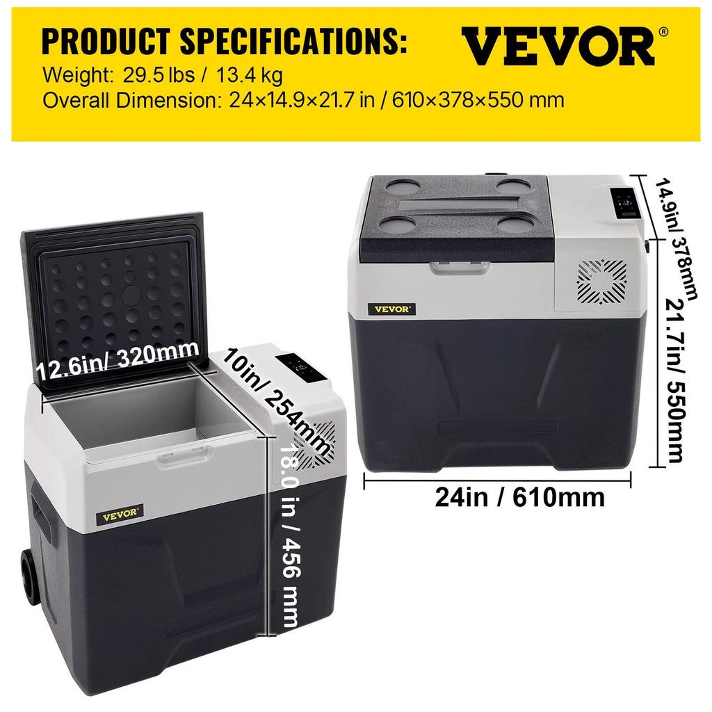 VEVOR Car Refrigerator, 12 Volt Car Refrigerator Fridge, 50 L Single Zone Portable Freezer with Wheels and Handle, -4 degrees F-68 degrees F