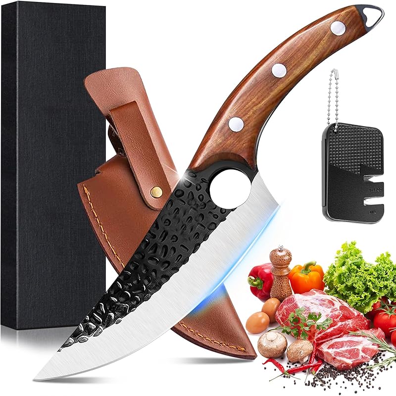 

Bicico Мясник, Викинг с ножнами, Японский кованый вручную шеф-поварский тесак для резки мяса, Портативный для выживания, Бушкрафт, Поясной, Сверх острый, Кухонный для улицы коричневый