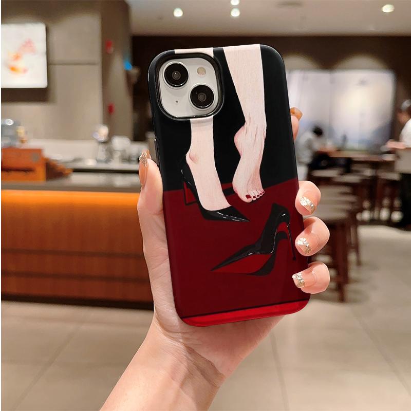 Elegant Minimal Black Red High Heels Stiletto Bare Foot Red Nail Art Film Aesthetic Protective Shockproof Bumper Case For iPhone 14 15 16 Pro Max Plus