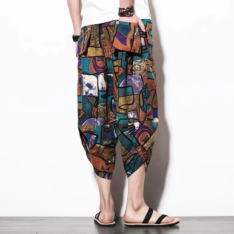 Spodnie Słonie Capri Rybaczki Regulowany Elastyczny Pasek Pasek Kobiety Mężczyźni Unisex Nadruk Tajlandia Casual Streetwear Plaża Lato Bohema Retro Vintage